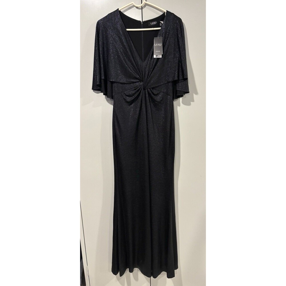NEW Lauren Ralph Lauren Women's Black Twist-Front Cape-Overlay Gown Dress Sz 10 - Picture 3 of 7